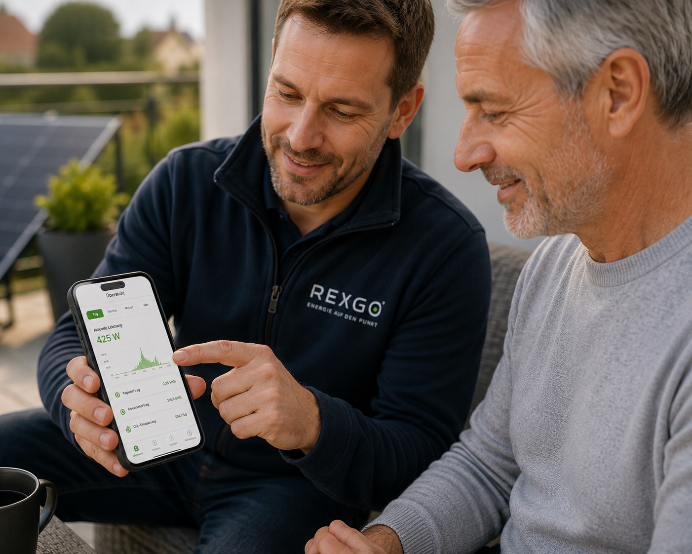 Berater erklärt einem Kunden eine Energie-App auf dem Smartphone