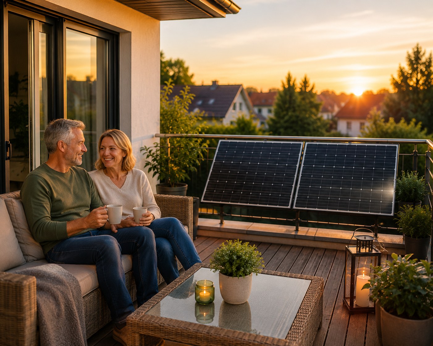 Paar entspannt auf Balkon mit Balkonkraftwerk im Hintergrund